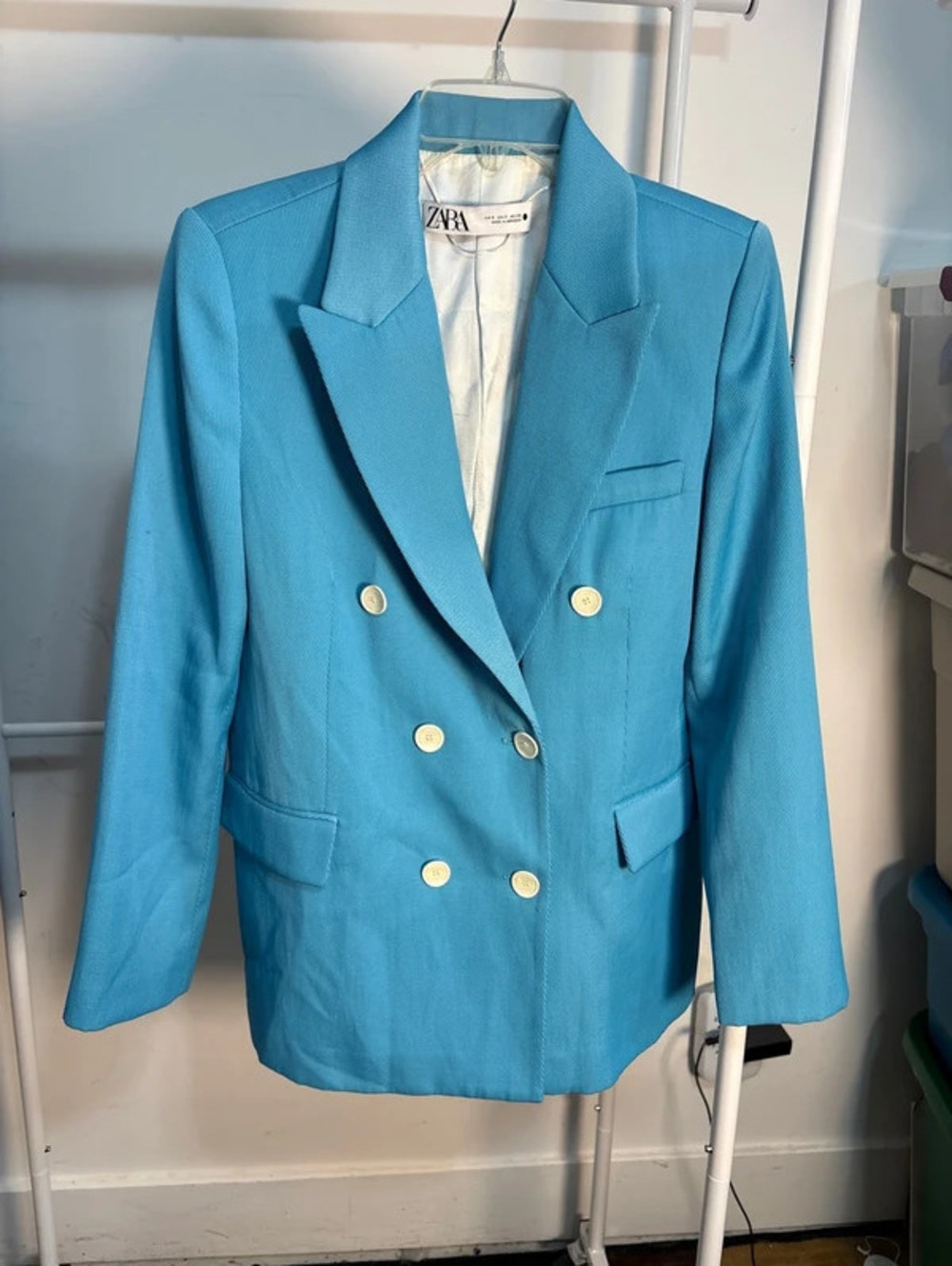 Zara Turquoise Textured Double-Breasted Blazer Jacket - Size S